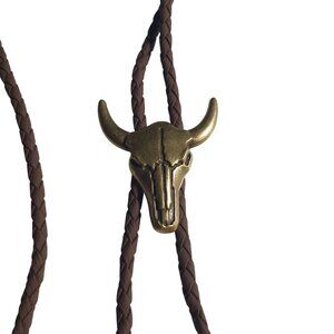 Bolo Braided Brown Cord Necklace Men Women Skull Cow Pendant Western 40 In Gift